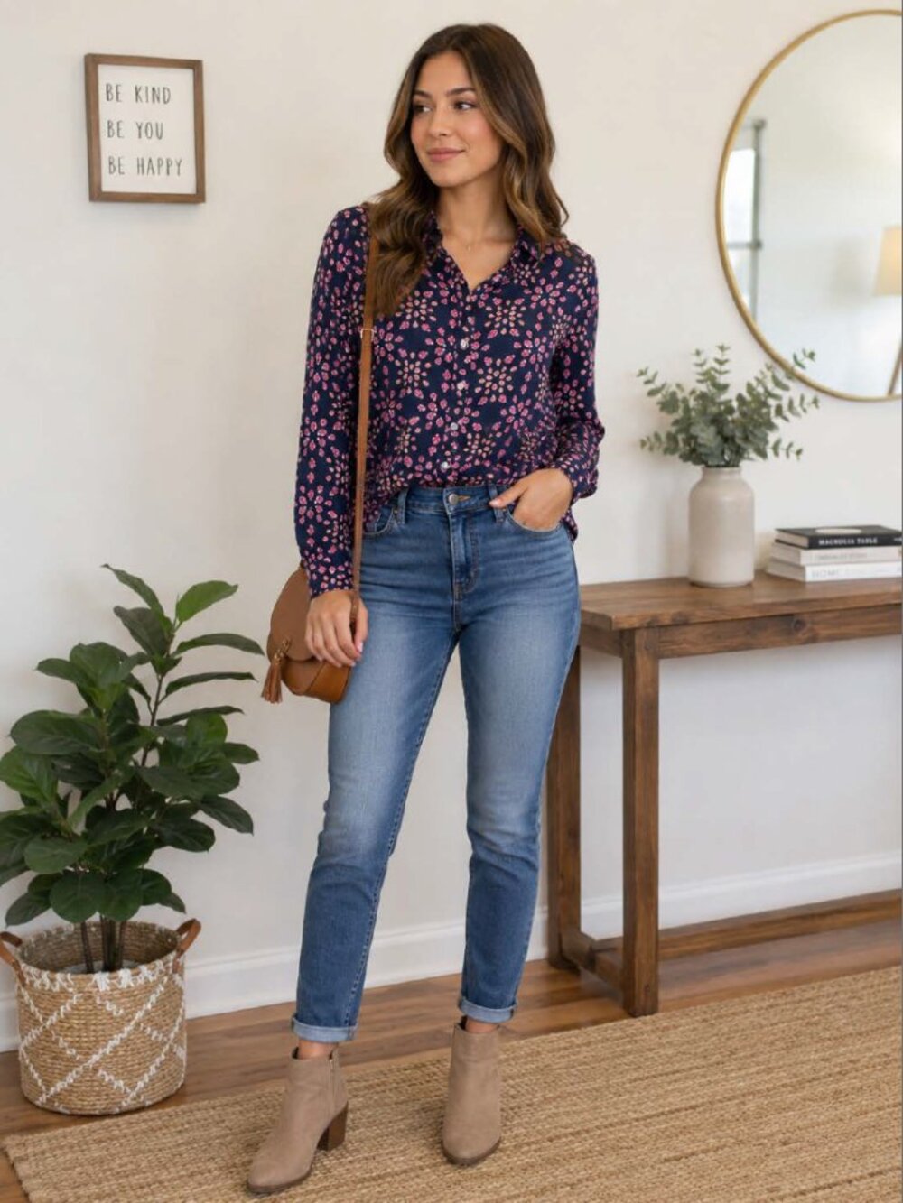 crown & ivy Navy Floral Long Sleeve Button Down Blouse XS Pink Peach Medallion